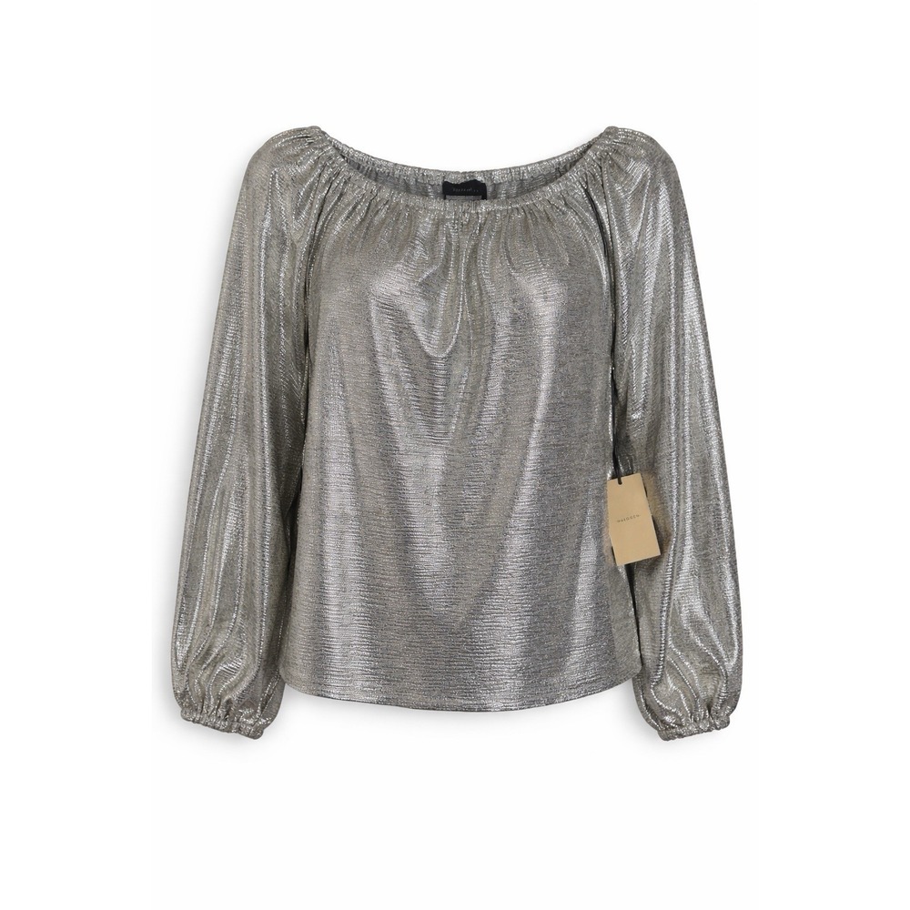 Halogen Womens Metallic Blouse M Silver‎ Glam Party Top Draped Off Shoulder NWT